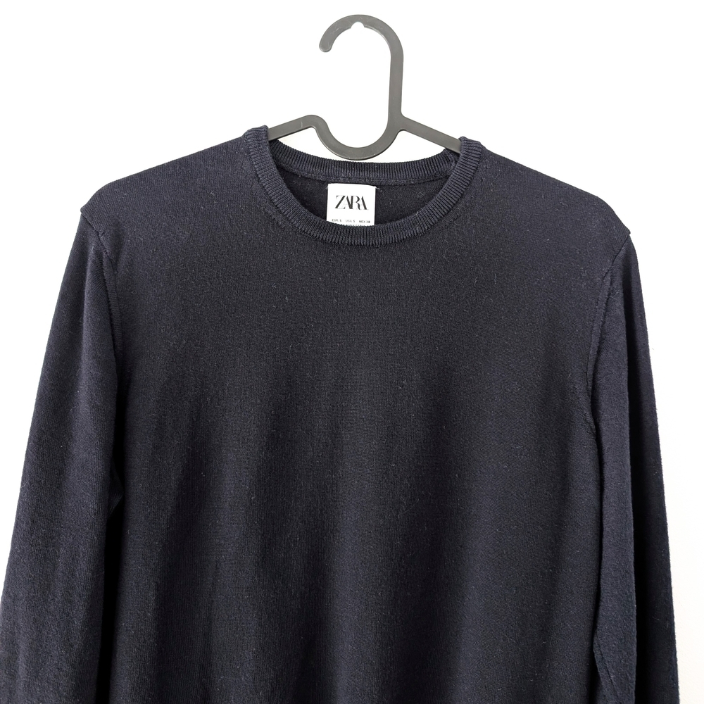 Zara Women's 100% Extra Fine Wool Classic Soft Navy Crewneck Sweater Small (38) - Picture 2 of 6